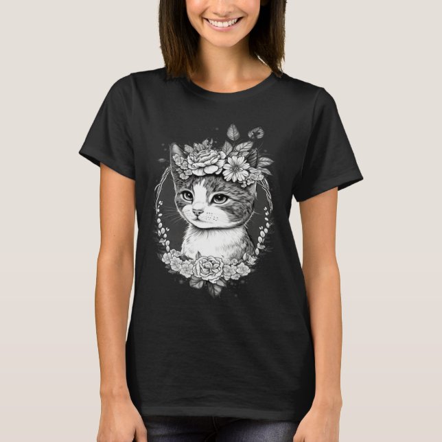 Cute Cat with Floral Headband Cat Mom T-Shirt (Vorderseite)