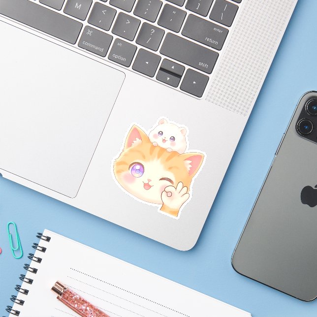 Cute Cat with Hamster on Head - OK Sign Sticker (Laptop mit iPhone)