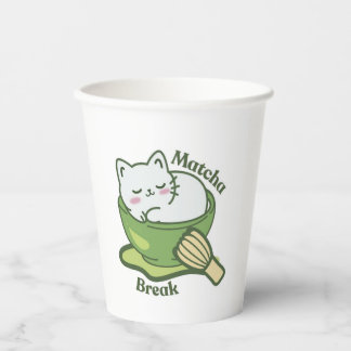  Cute cat with matcha drink Pappbecher