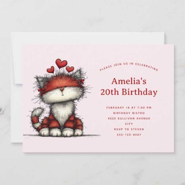 Cute Cat with Red Love Hearts Birthday Einladung (Vorderseite)
