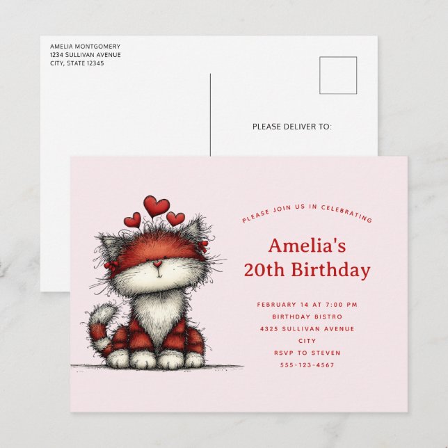 Cute Cat with Red Love Hearts Birthday Einladungspostkarte (Vorne/Hinten)