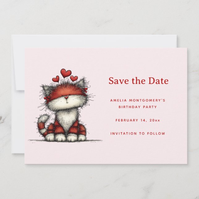 Cute Cat with Red Love Hearts Save The Date (Vorderseite)
