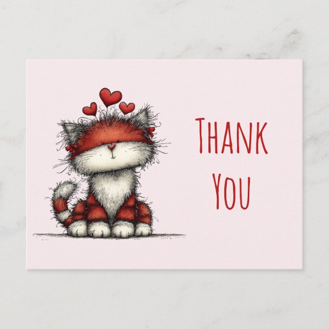 Cute Cat with Red Love Hearts Thank You Postkarte (Vorderseite)