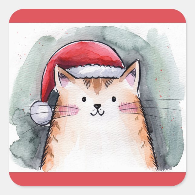 Cute Cat with Santa Hat Square Stickers (Vorderseite)