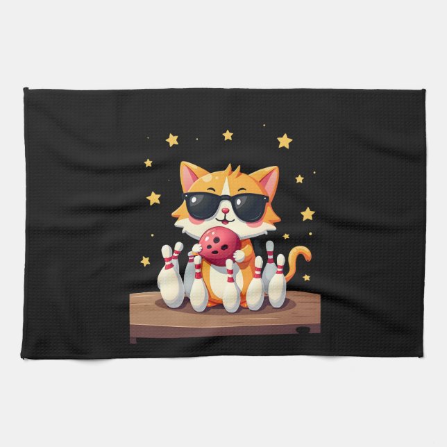 Cute Cat With Sunglasses Cat Playing Bowling For m Geschirrtuch (Horizontal)