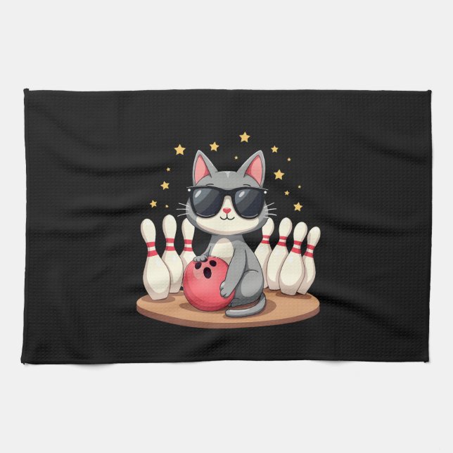 Cute Cat With Sunglasses Cat Playing Bowling For m Geschirrtuch (Horizontal)