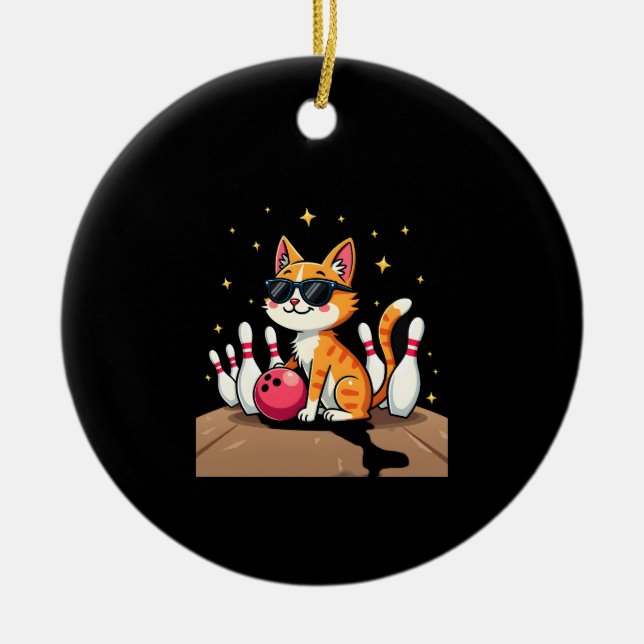 Cute Cat With Sunglasses Cat Playing Bowling For m Keramik Ornament (Vorne)