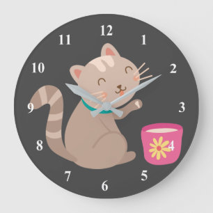 Cute cat with teacup cartoon große wanduhr