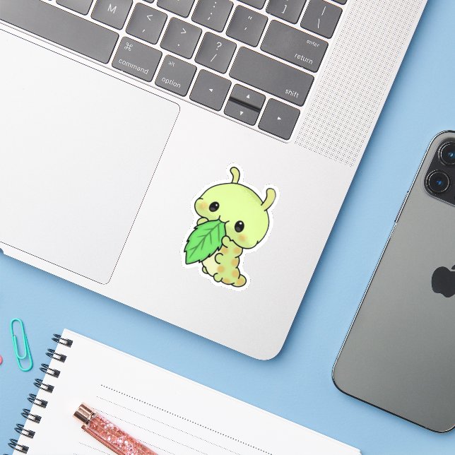 Cute Caterpillar Eating Leaf Sticker (Laptop mit iPhone)