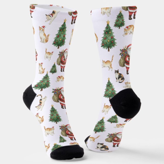 Cute Cats and Christmas Trees Pattern Socks  Socken (Gewinkelt)
