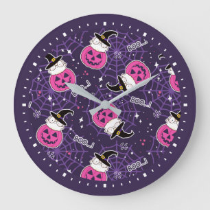 Cute Cats and Pumpkins Halloween Pattern Große Wanduhr