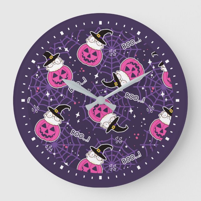 Cute Cats and Pumpkins Halloween Pattern Große Wanduhr (Vorderseite)