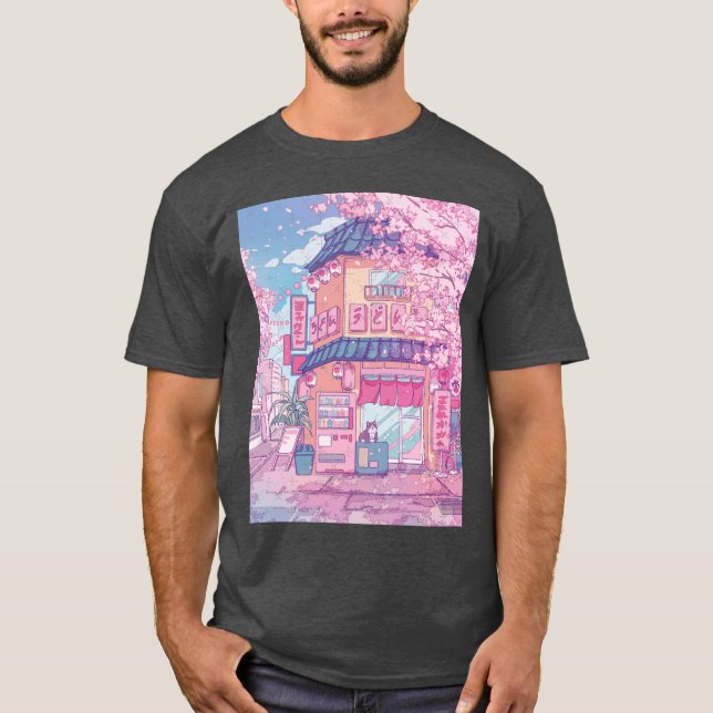 Cute cats cafe and the pink cherry trees blossom f T-Shirt (Vorderseite)