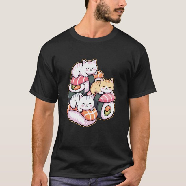 Cute Cats on Sushi Kawaii Art Food Lover T-Shirt (Vorderseite)