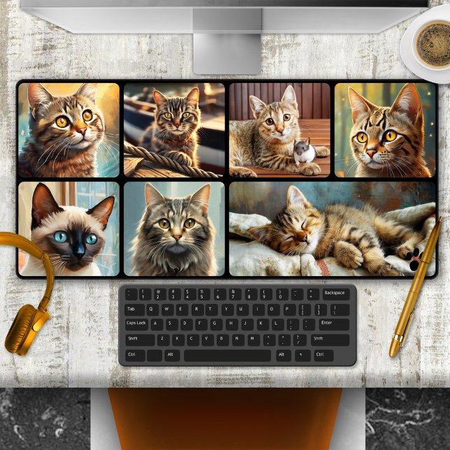 Cute Cats Personalized Photo Collage Schreibtischunterlage (Desk mat featuring 7 images of cats, signed with a paw print. Add your own photos if you like)