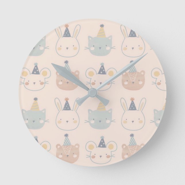 Cute Cats Rabbits and Bears Faces Pastel Pattern Runde Wanduhr (Vorderseite)
