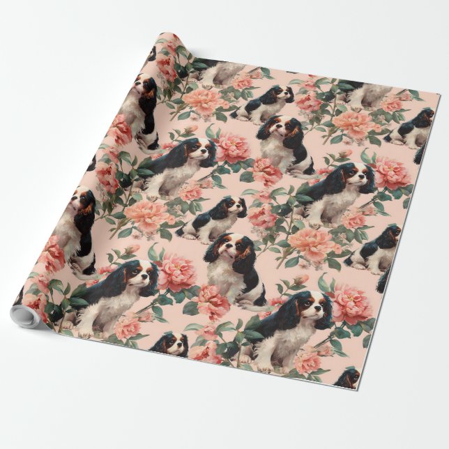 Cute Cavalier King Charles Floral Pattern Geschenkpapier (Ungerollt)