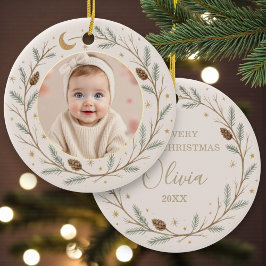 Cute Celestial Baby First Christmas Photo Keramik Ornament