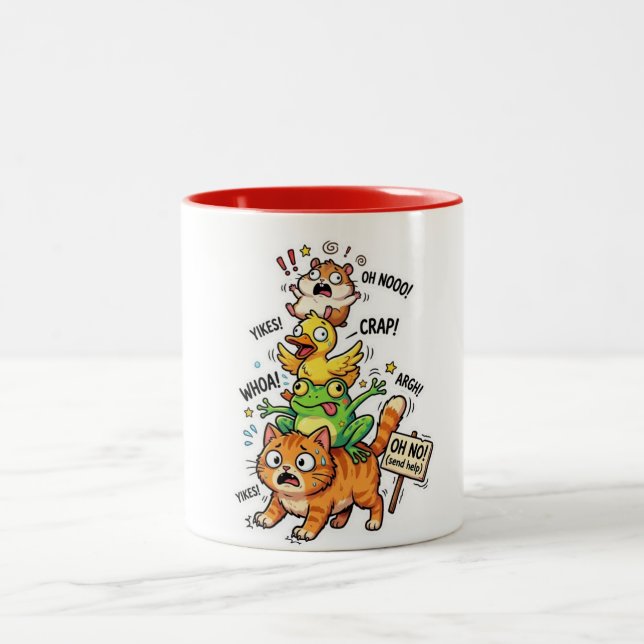 Cute Chaotic Animal Stack Meme – Available on Tees Zweifarbige Tasse (Mittel)