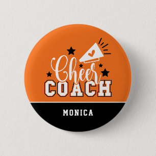 Cute Cheer Coach Personalized Orange & Black Button