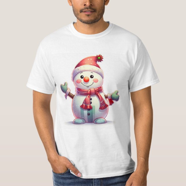 Cute Cheerful Snowman Wearing Santa Hat and Scarf T-Shirt (Vorderseite)