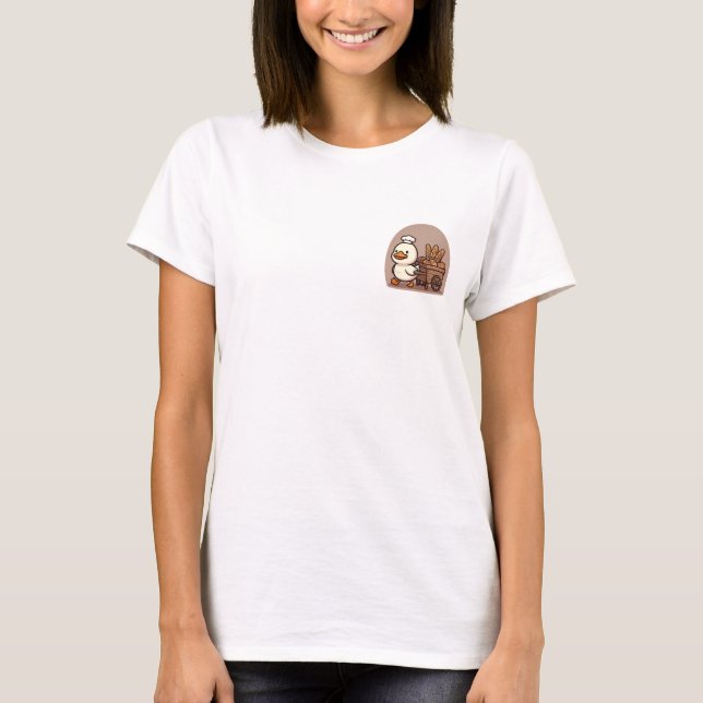 Cute Chef Duck Pulling Wooden Bread Cart Illustrat T-Shirt (Vorderseite)