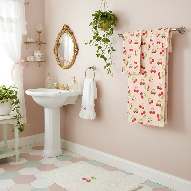 Cute Cherry and Bow Pattern Sweet Aesthetic  Badhandtuch Set (Von Creator hochgeladen)