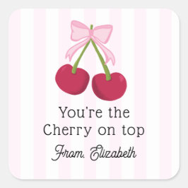 Cute Cherry Bow Pink Stripes Coquette Aesthetic Quadratischer Aufkleber