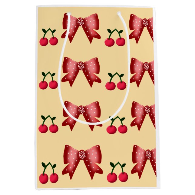 Cute Cherry Bow Seamless Pattern Pink Aesthetic Ka Mittlere Geschenktüte (Vorderseite)