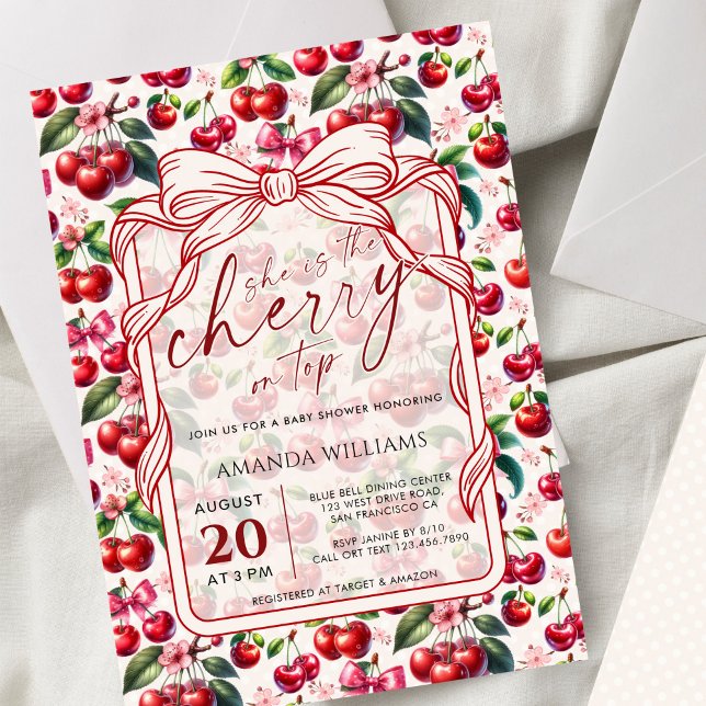 Cute Cherry Bow Themed Baby Shower Invitation Einladung (Von Creator hochgeladen)