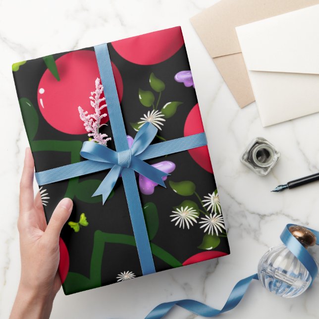 Cute Cherry Butterfly Pattern, Glossy Kawaii Fruit Geschenkpapier (Schenken)