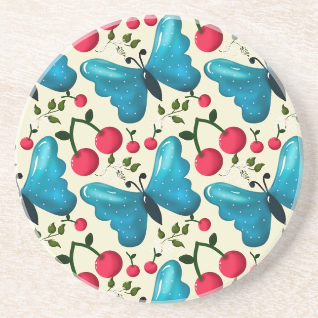 Cute Cherry Butterfly Pattern, Glossy Kawaii Fruit Getränkeuntersetzer (Vorne)