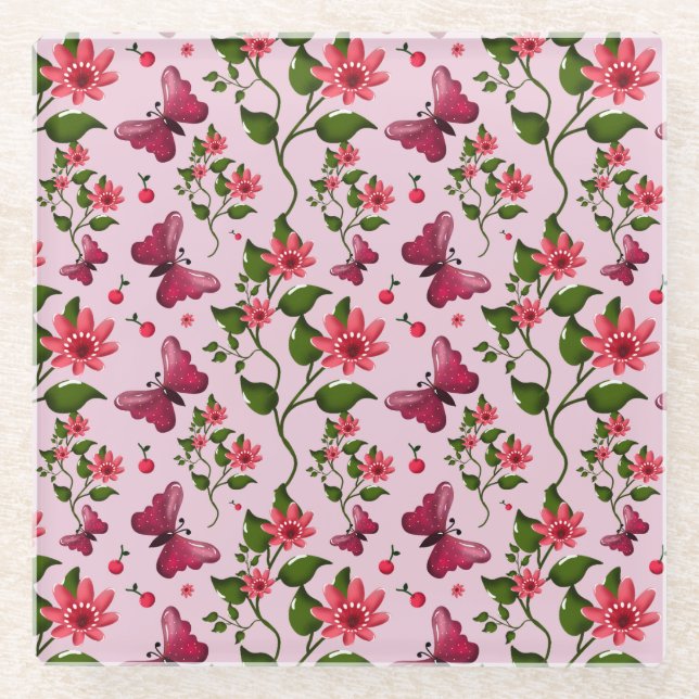 Cute Cherry Butterfly Pattern, Glossy Kawaii Fruit Glasuntersetzer (Vorderseite)