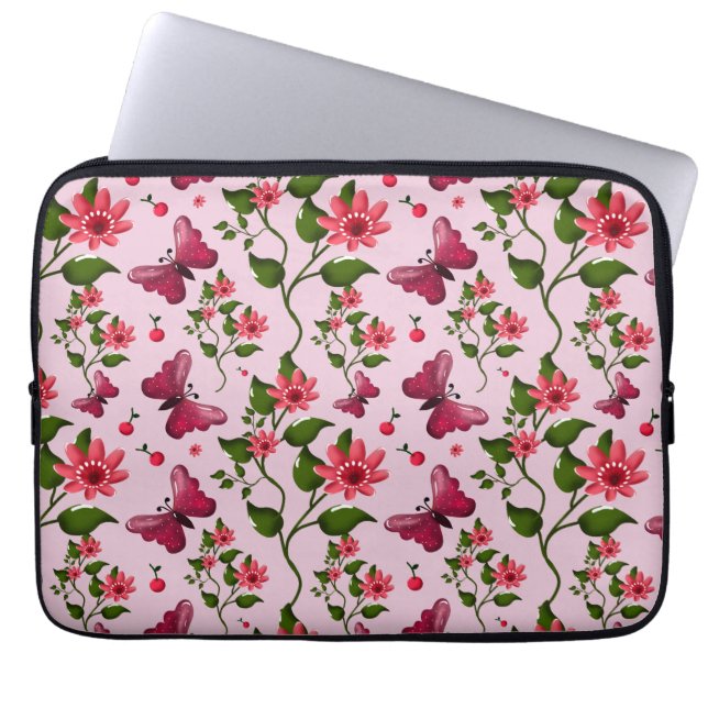 Cute Cherry Butterfly Pattern, Glossy Kawaii Fruit Laptopschutzhülle (Vorderseite)