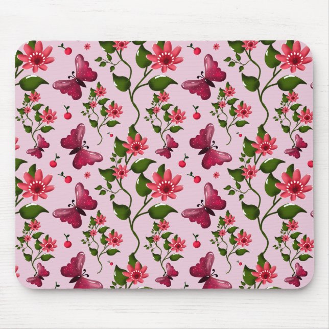 Cute Cherry Butterfly Pattern, Glossy Kawaii Fruit Mousepad (Vorne)
