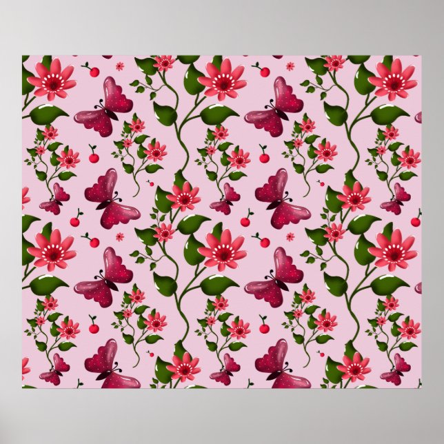 Cute Cherry Butterfly Pattern, Glossy Kawaii Fruit Poster (Vorne)