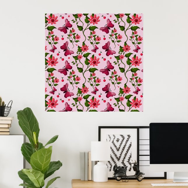 Cute Cherry Butterfly Pattern, Glossy Kawaii Fruit Poster (Heimbüro)