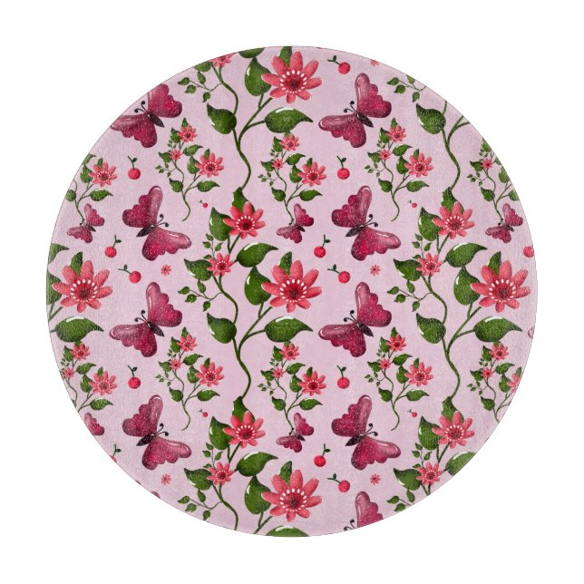 Cute Cherry Butterfly Pattern, Glossy Kawaii Fruit Schneidebrett (Vorderseite)