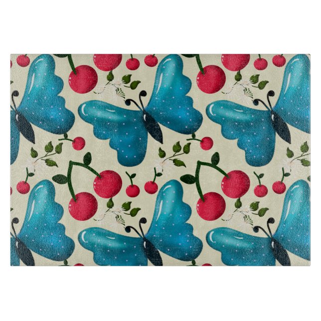 Cute Cherry Butterfly Pattern, Glossy Kawaii Fruit Schneidebrett (Vorderseite)