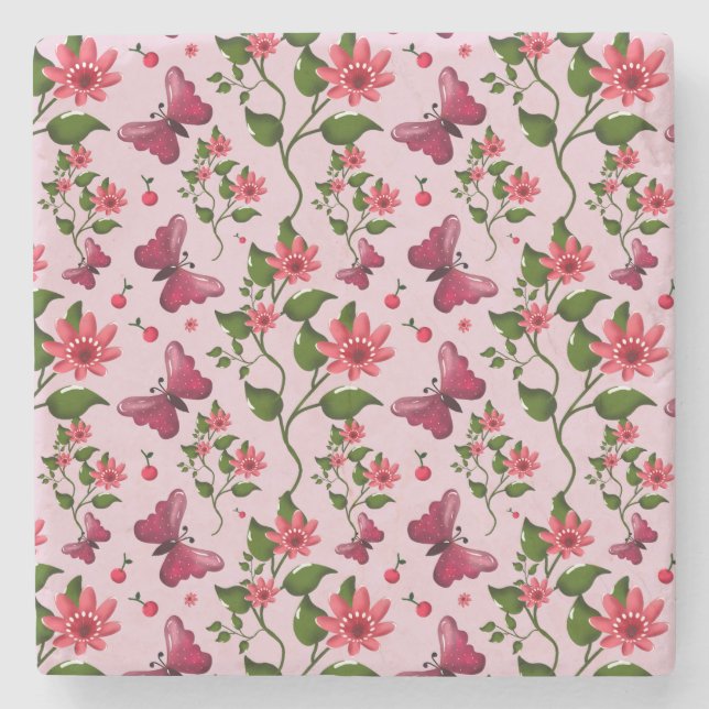 Cute Cherry Butterfly Pattern, Glossy Kawaii Fruit Steinuntersetzer (Vorderseite)