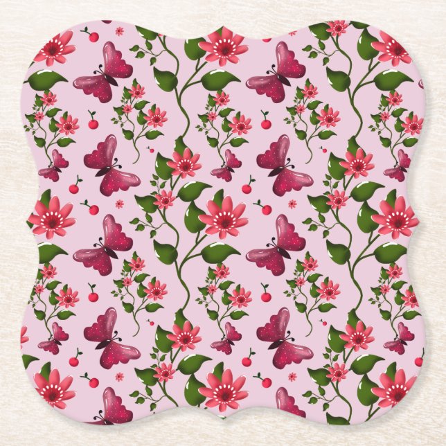 Cute Cherry Butterfly Pattern, Glossy Kawaii Fruit Untersetzer (Vorderseite)