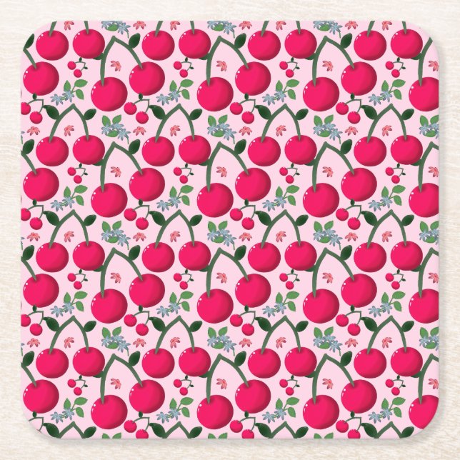 Cute Cherry  Pattern, Glossy Kawaii Fruit Rechteckiger Pappuntersetzer (Vorderseite)