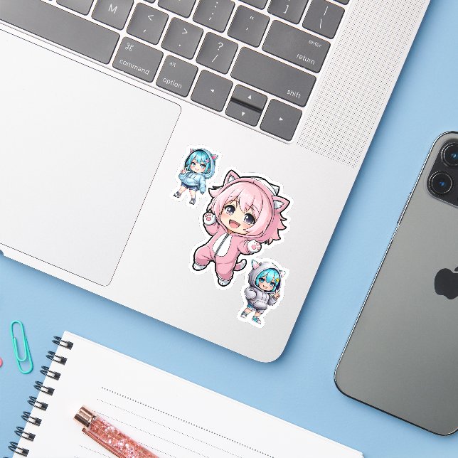 Cute Chibi Anime Cat Hoodie Girl Vinyl Sticker (Laptop mit iPhone)