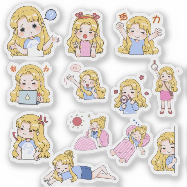 Cute Chibi Girl Emotions Vinyl Sticker Set (Vorderseite)