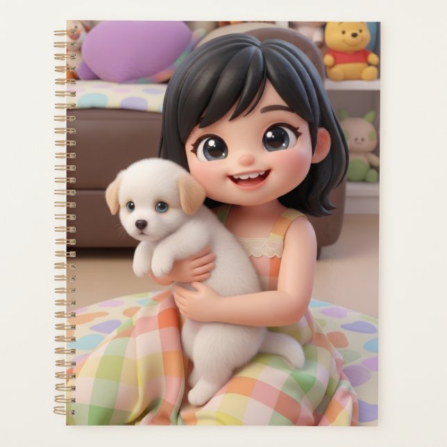 Cute Chibi Girl Hugging White Puppy Dog Planner Planer (Vorderseite)