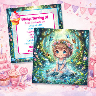 Cute Chibi Girl in Enchanted Forest Birthday Party Einladung