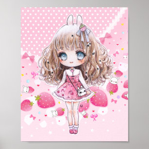 Cute chibi girl with kawaii strawberries poster