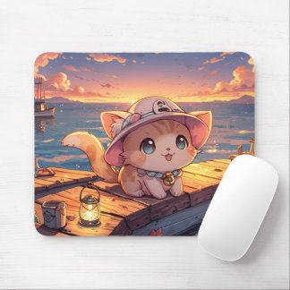 Cute Chibi Kitten at the Harbor Sunset – Whimsical Mousepad