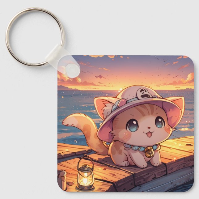Cute Chibi Kitten at the Harbor Sunset – Whimsical Schlüsselanhänger (Vorderseite)