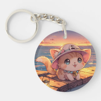 Cute Chibi Kitten at the Harbor Sunset – Whimsical Schlüsselanhänger